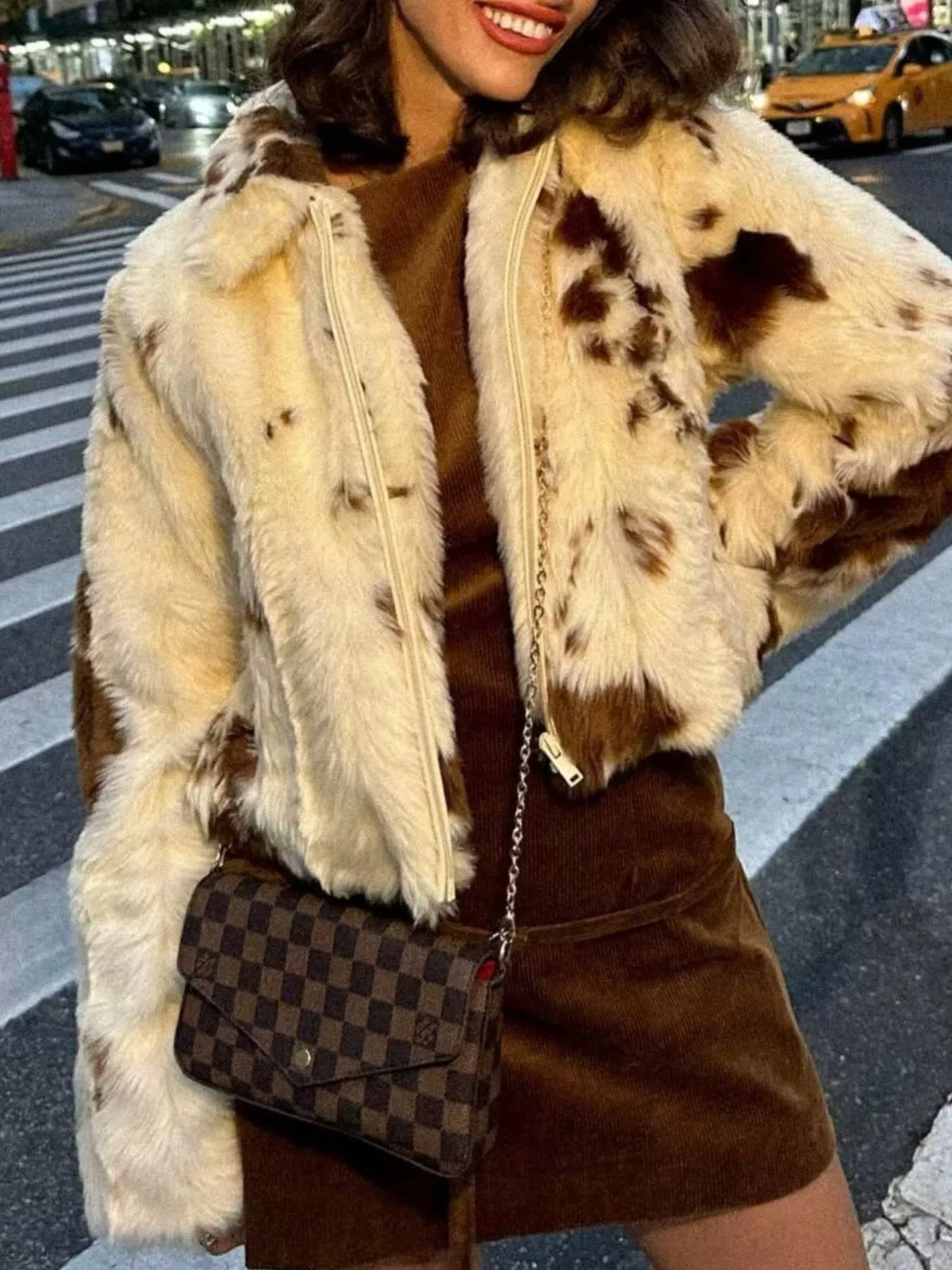 Faux Fur Zip Up Cropped Outerwear in Beige, view 3