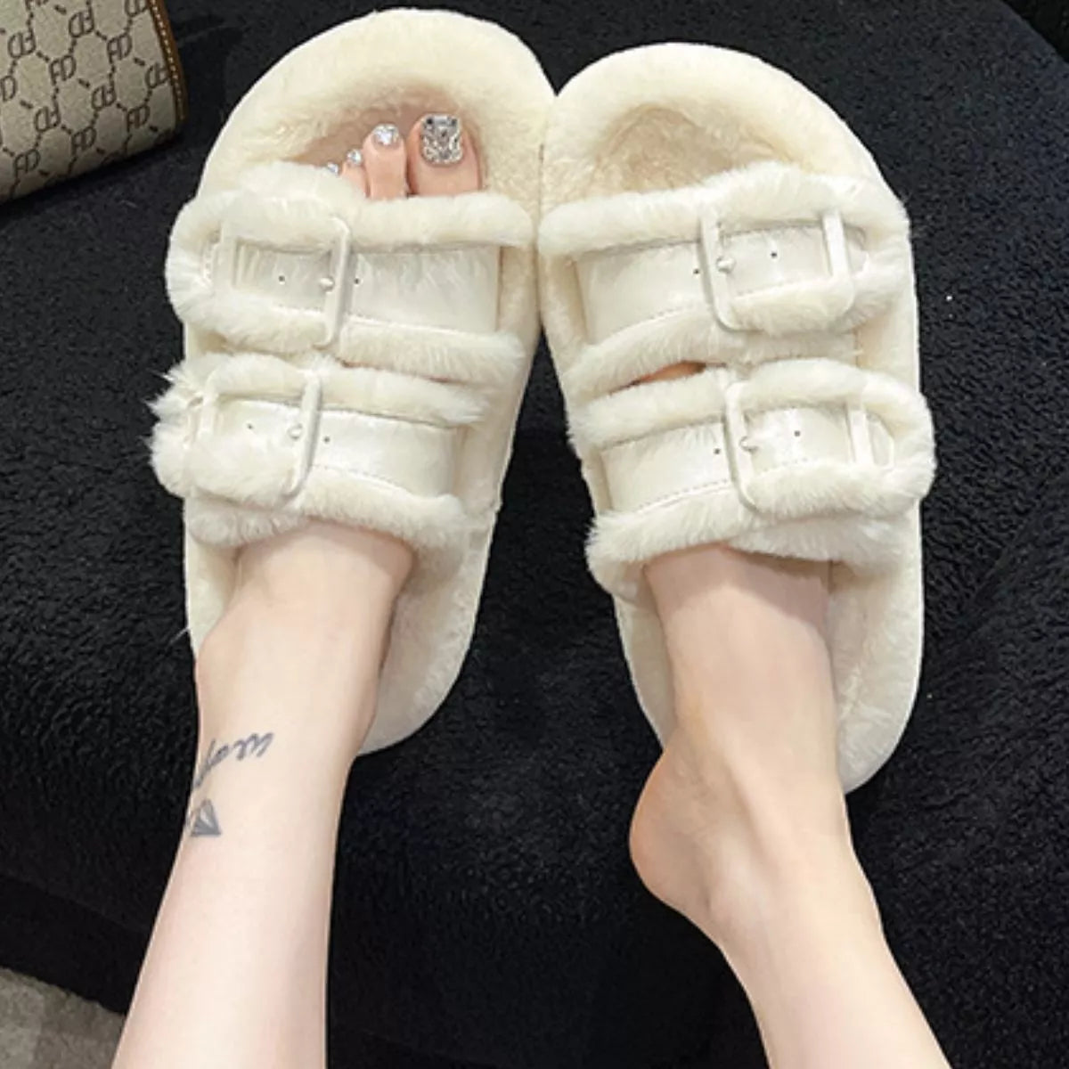 Fuzzy Buckle Detail Slippers - Lilixa.store