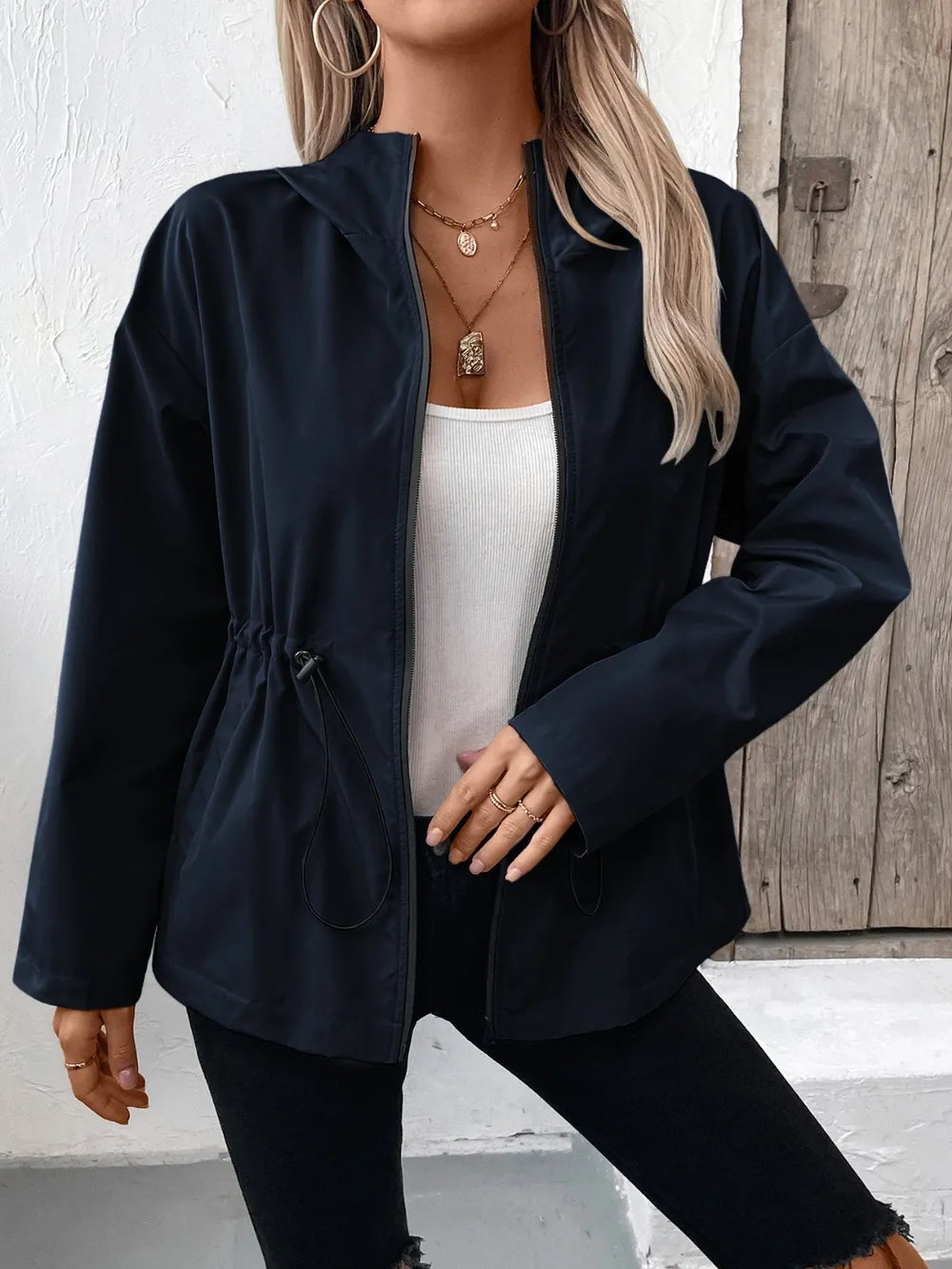 Ivy Lane Drawstring Zip Up Hooded Jacket, view 7