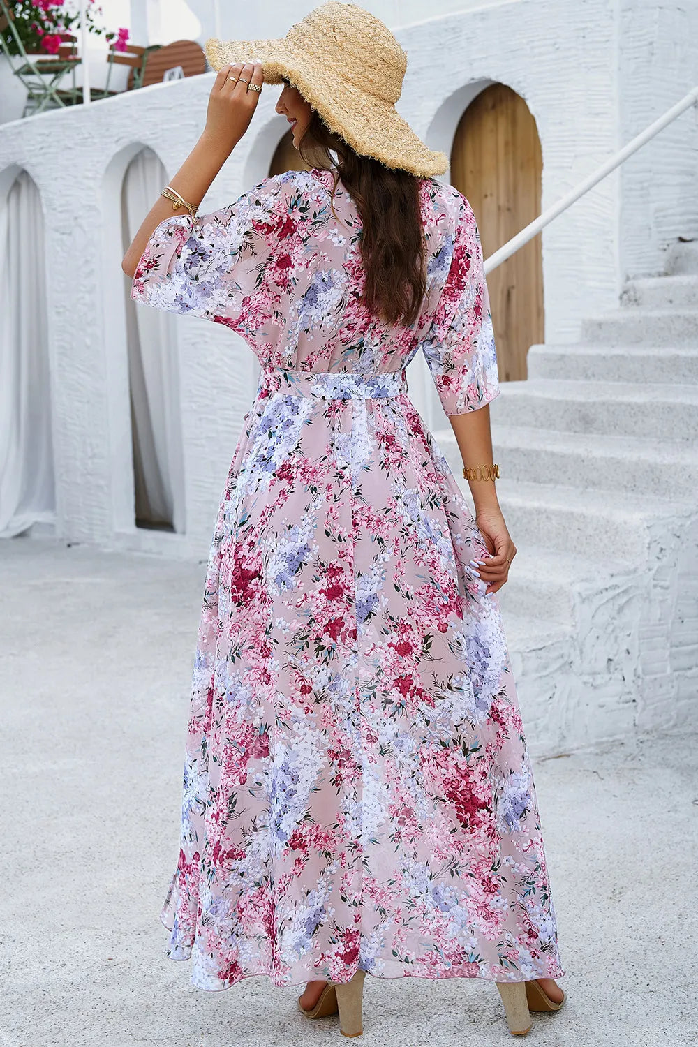 Devine Printed Tied Half Sleeve Slit Dress - Lilixa.store