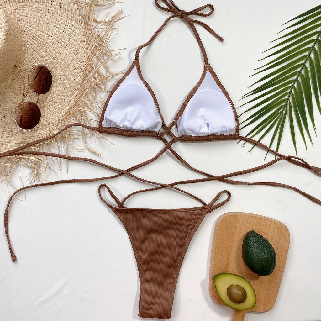 Halter Neck Crisscross Ribbed Bikini Set - Lilixa.store