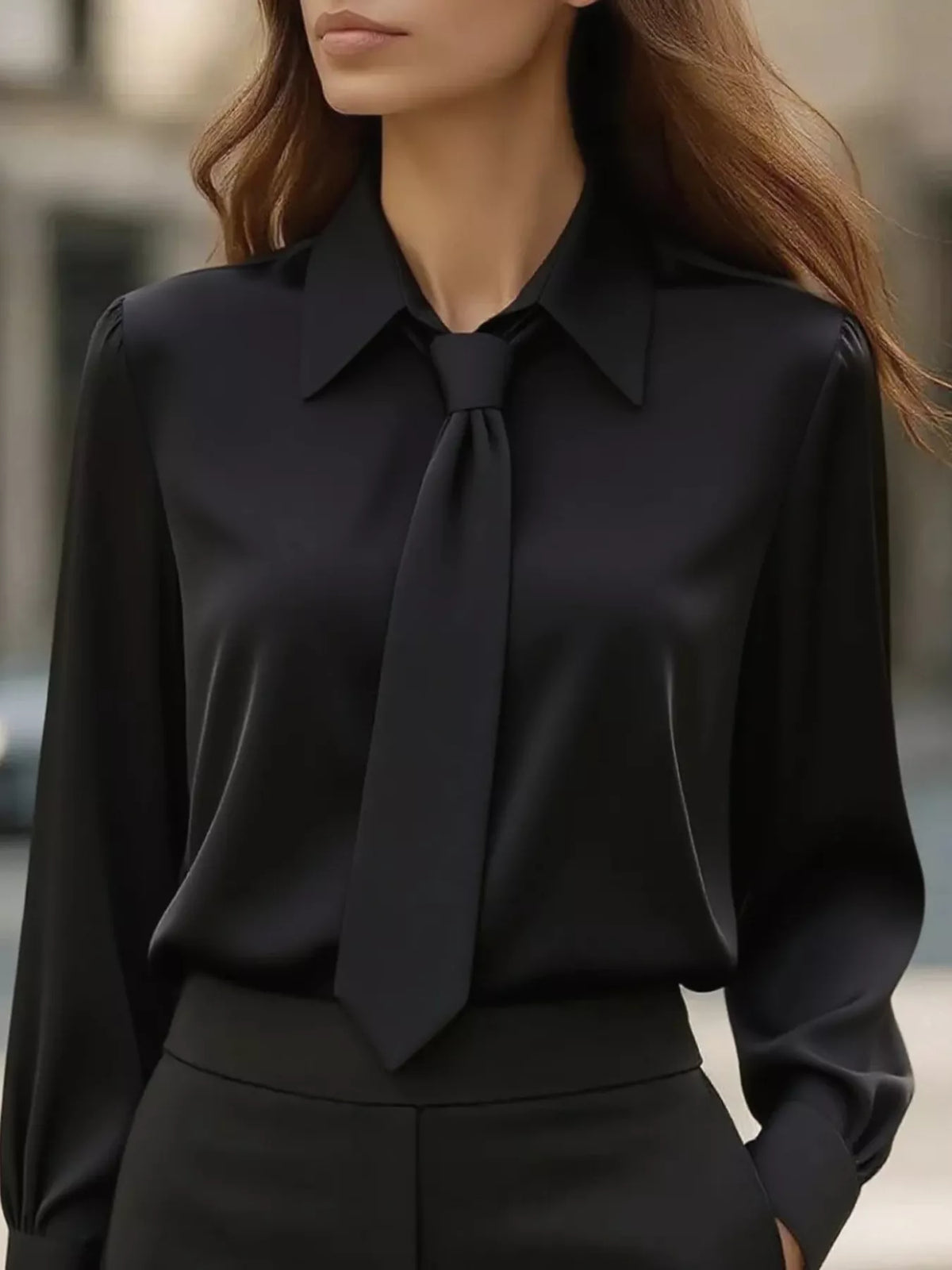 Tie-Neck Long Sleeve Blouse in Black