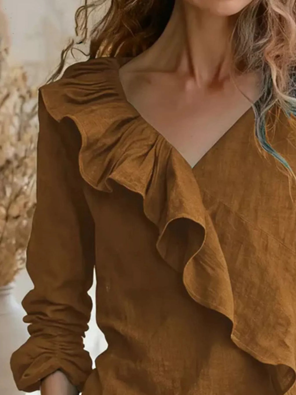V-Neck Ruffled Long Sleeve Blouse - Lilixa.store