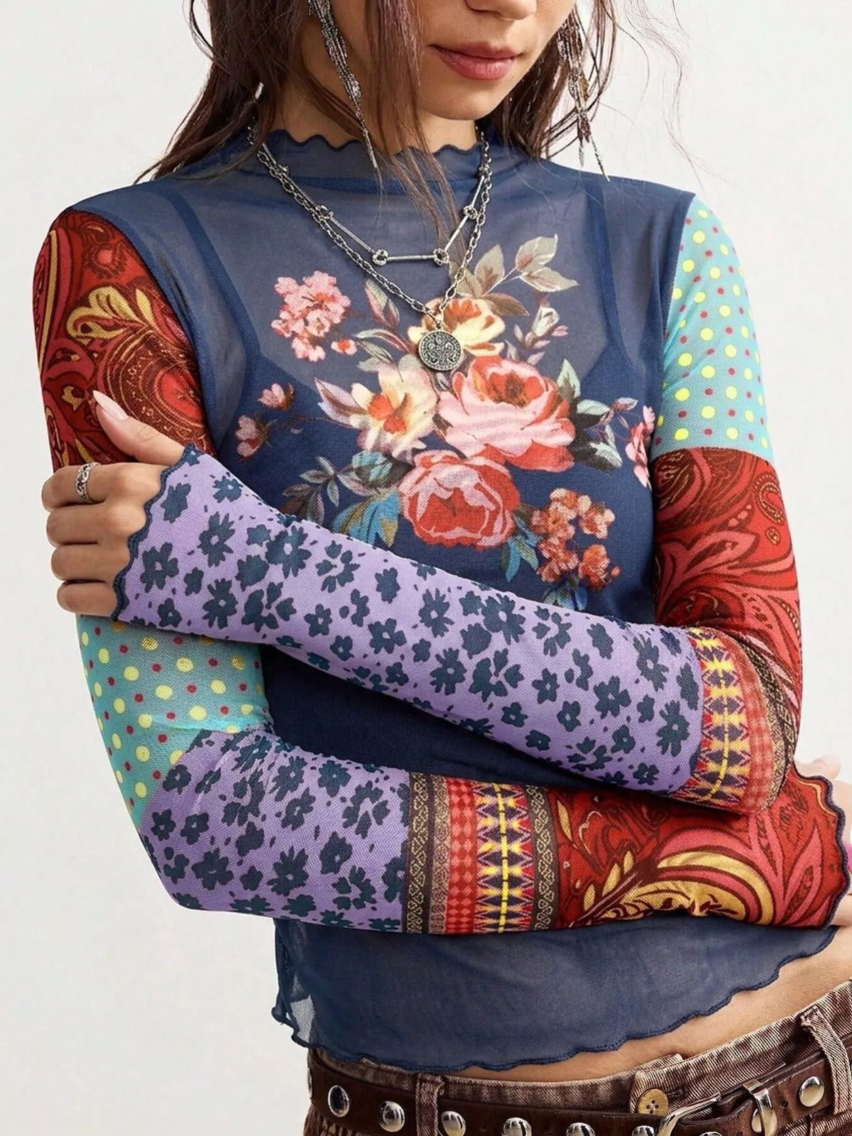Floral Print Mesh Mock Neck Long Sleeve Top in Navy