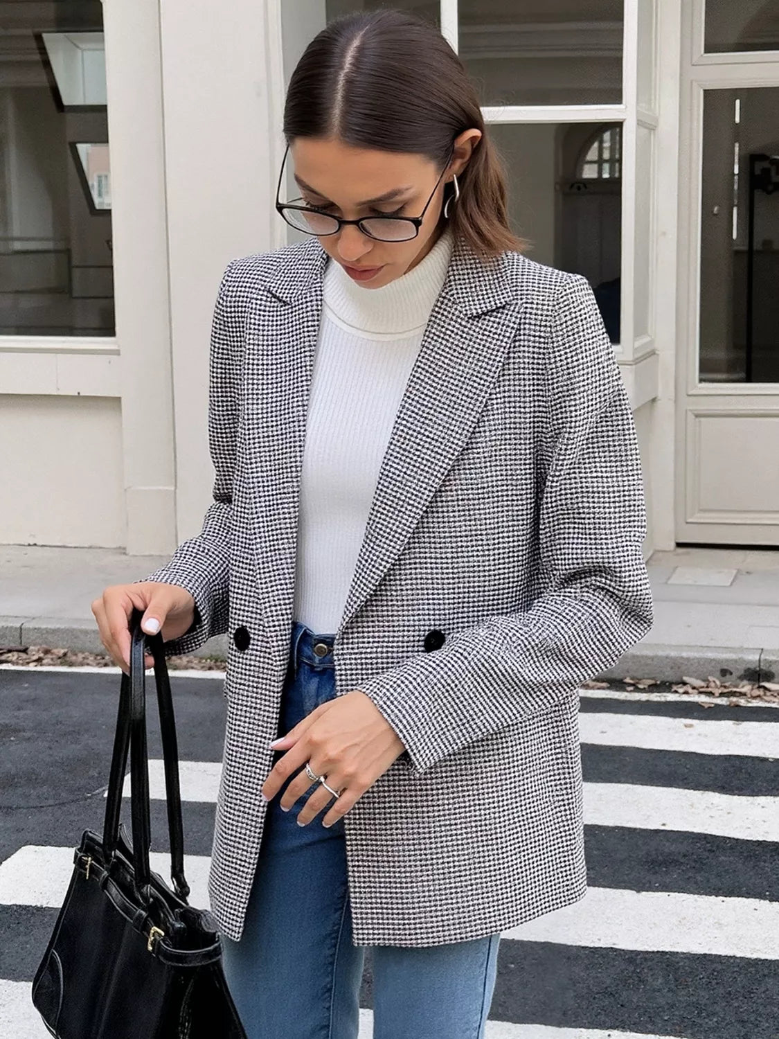 Houndstooth Patterned Double-Breasted Blazer - Lilixa.store