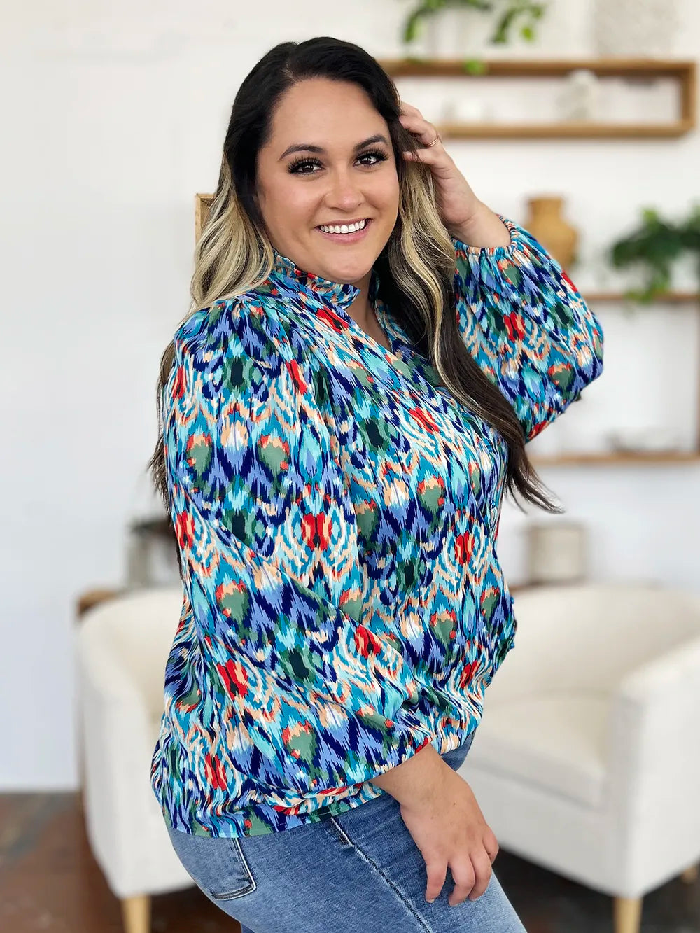Double Take Full Size Printed Balloon Sleeve Blouse - Lilixa.store