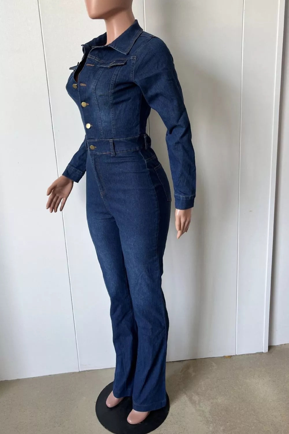 Slim-Fit Long Sleeve Denim Jumpsuit with Flared Legs in Dark Blue, view 6