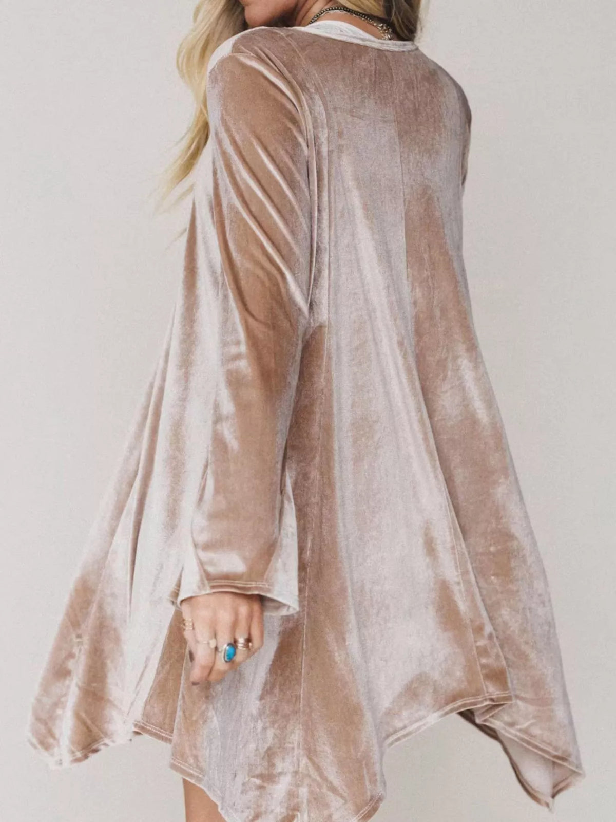 V-Neck Velvet Swing Asymmetrical Dress with Pockets in Black, view 4