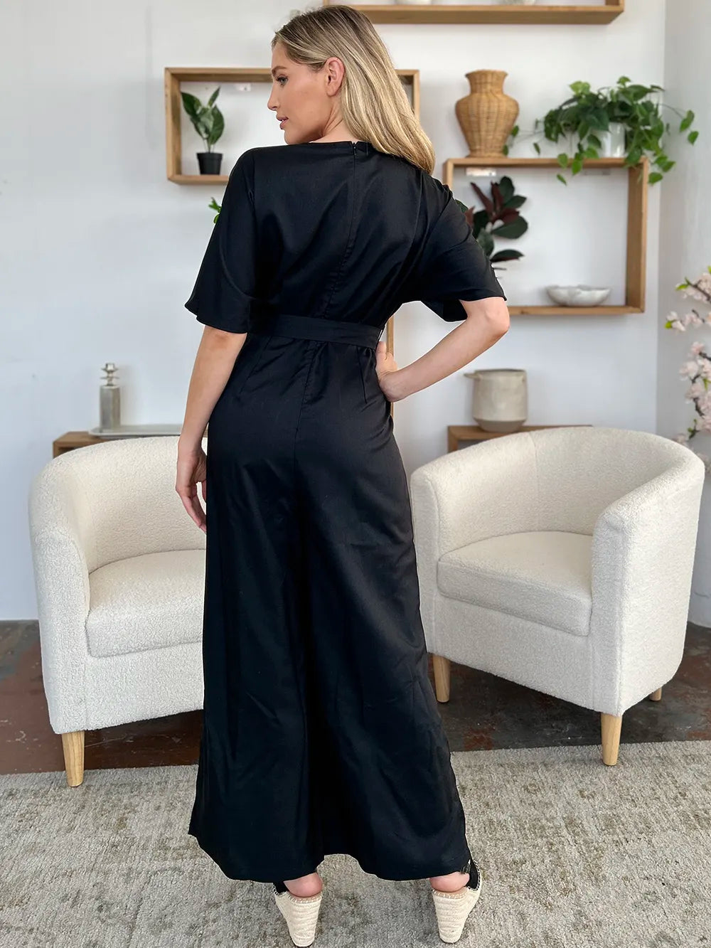 Double Take Full Size V-Neck Tied Side Slit Jumpsuit in Black, view 7