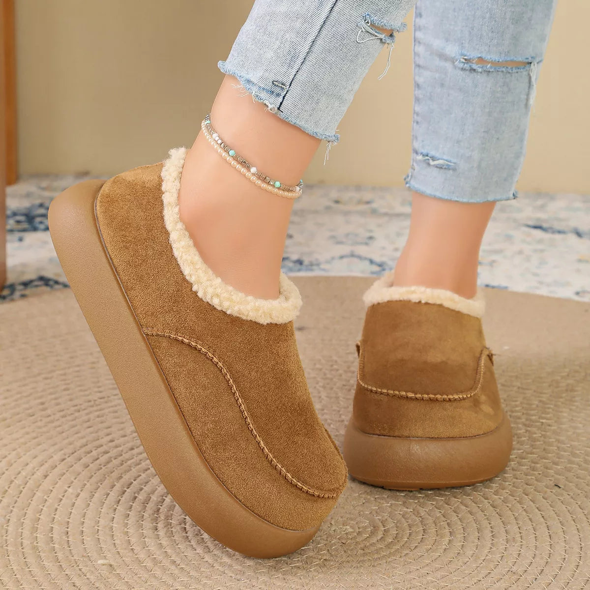 Plush-Lined Suede Platform Slip-On Boots in Khaki