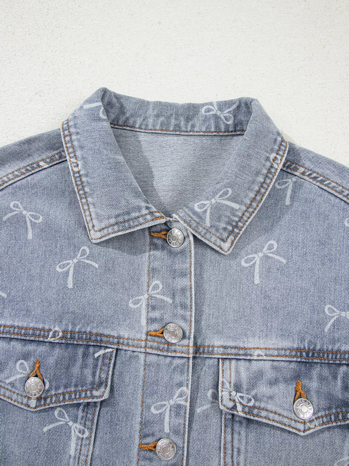 Bow Knot Print Light Wash Raw Hem Denim Jacket in Light Blue, view 8