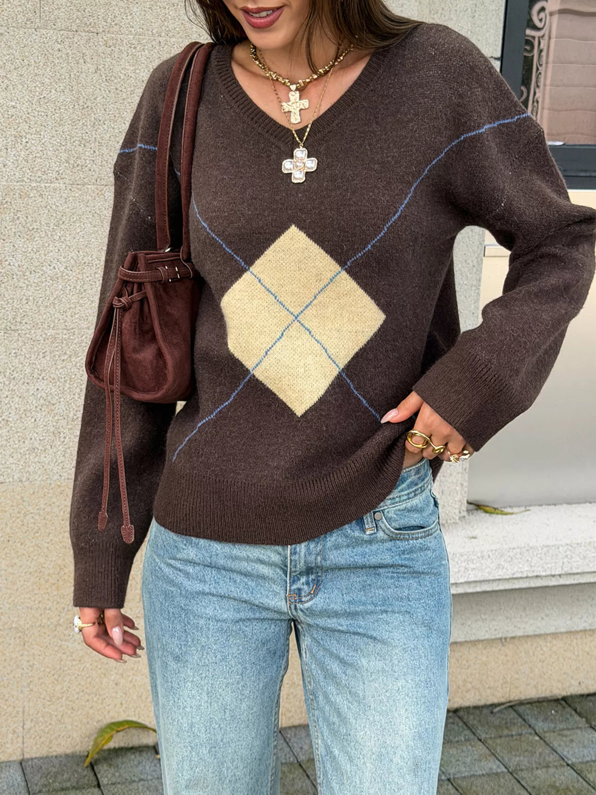 Argyle Pattern V-Neck Knit Sweater - Lilixa.store
