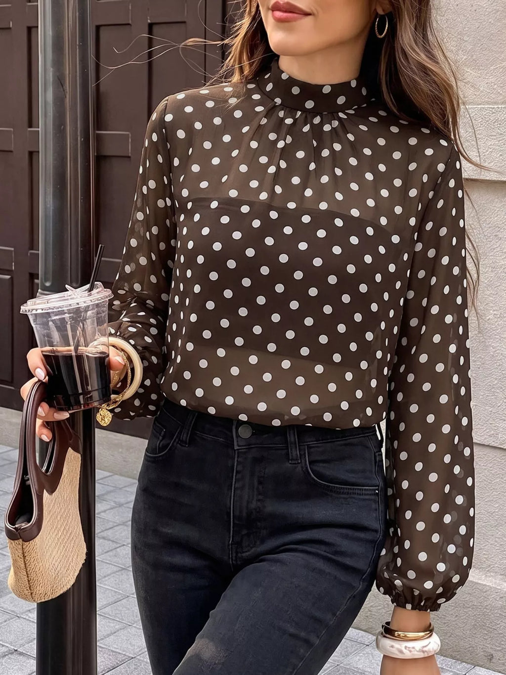 Polka Dot Mock Neck Long Sleeve Blouse - Lilixa.store