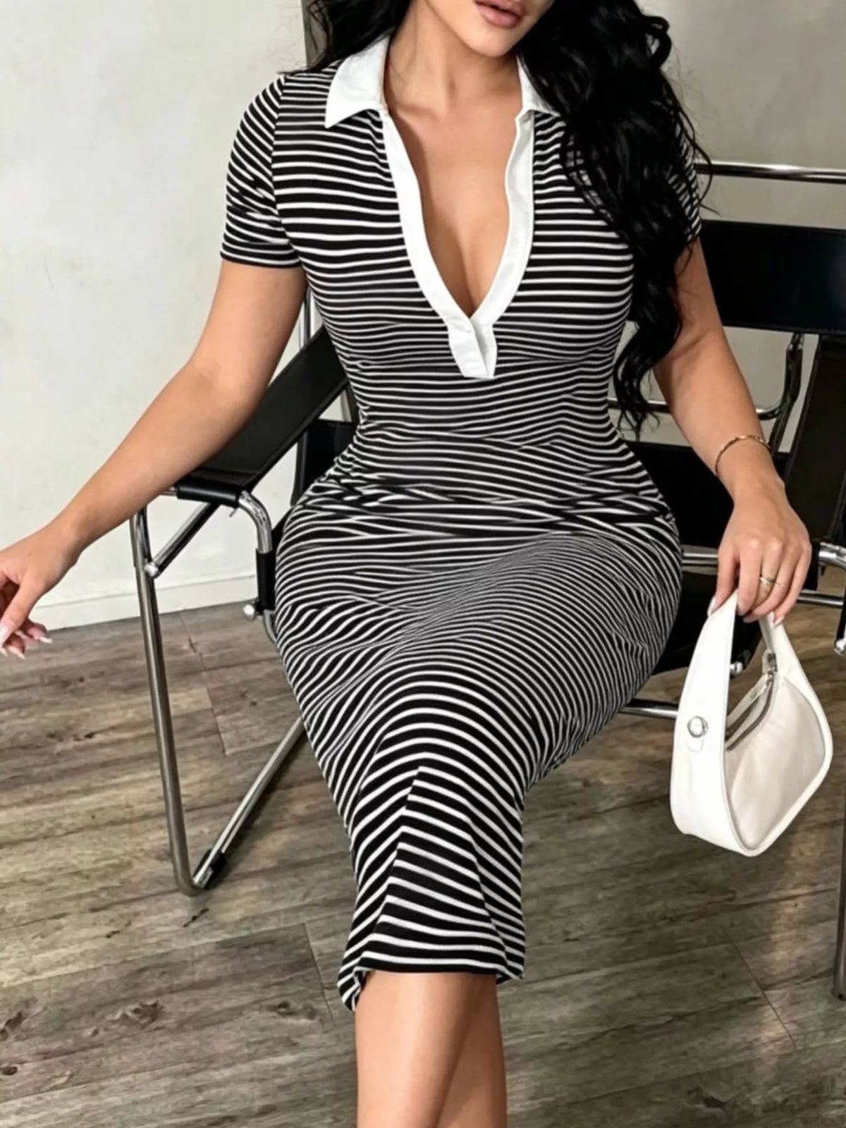 Striped Short Sleeve Bodycon Midi Dress