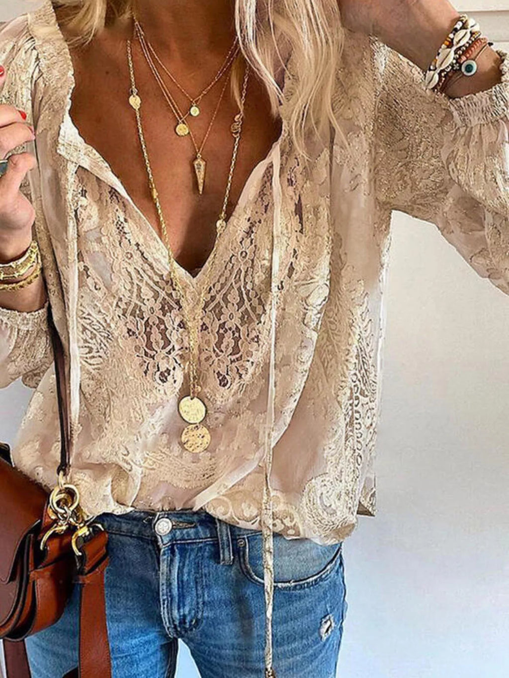 Lace Tie-Neck Blouse - Lilixa.store