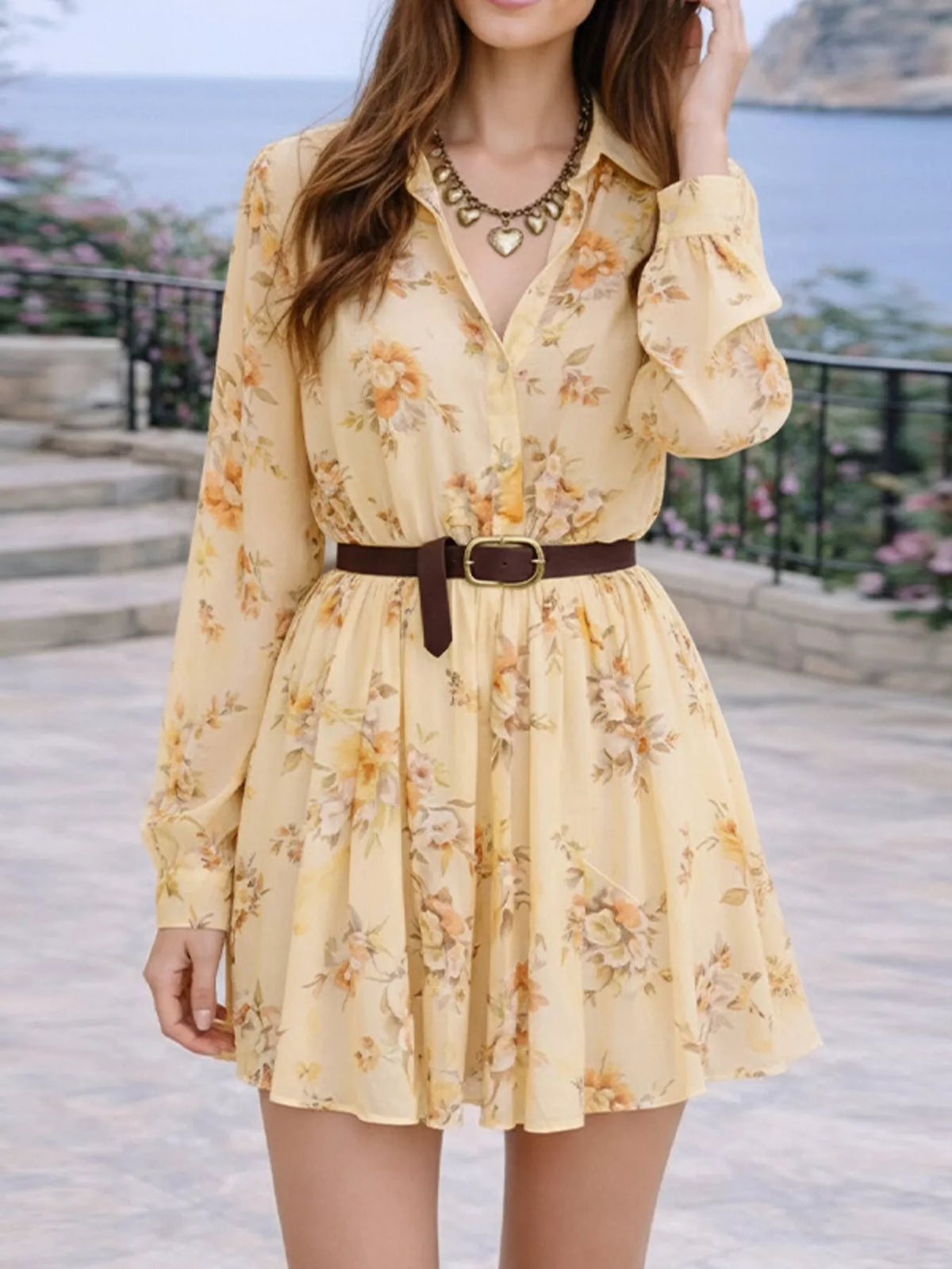 Full Size Floral Print Long Sleeve Shirt Dress Plus Size, view 6