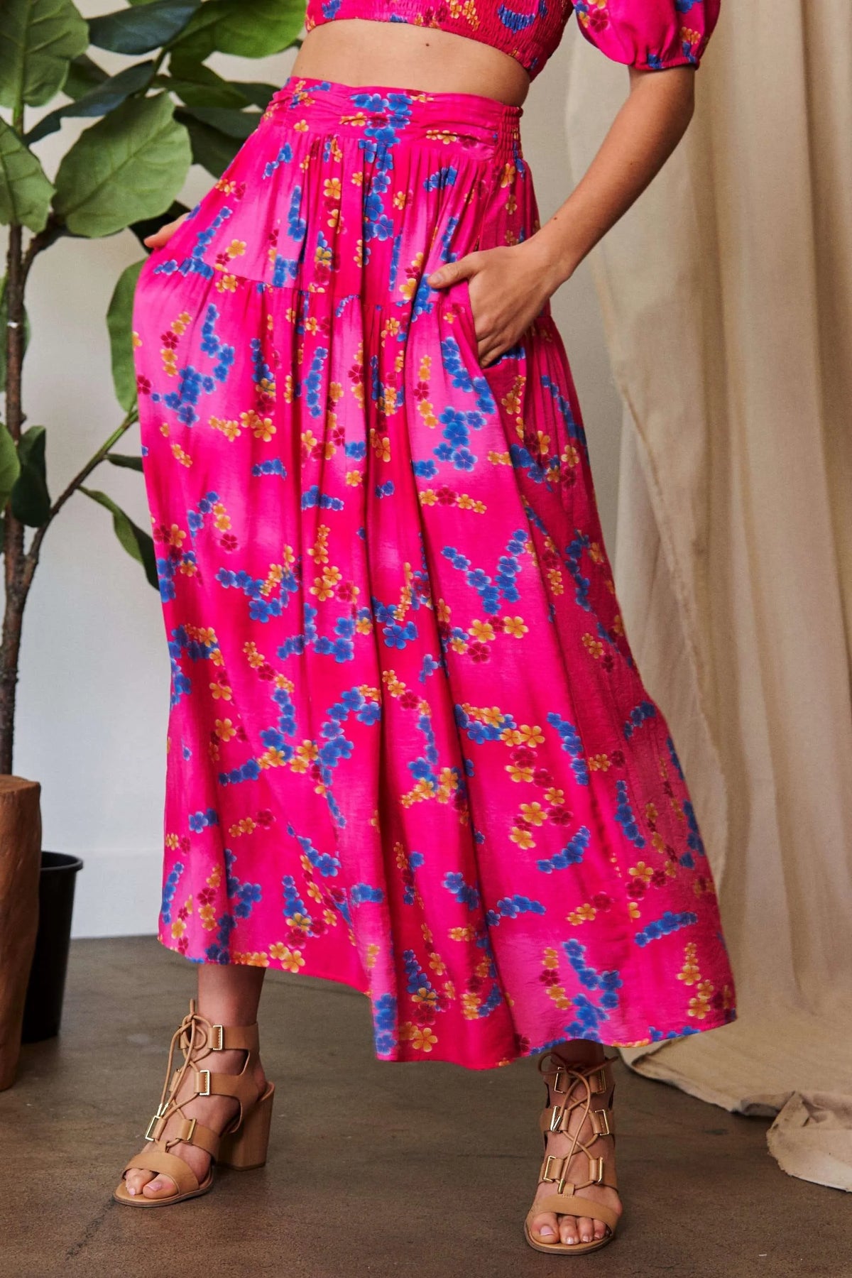 Davi & Dani Printed Smocking Waistband Ruffled Maxi Skirt - Lilixa.store