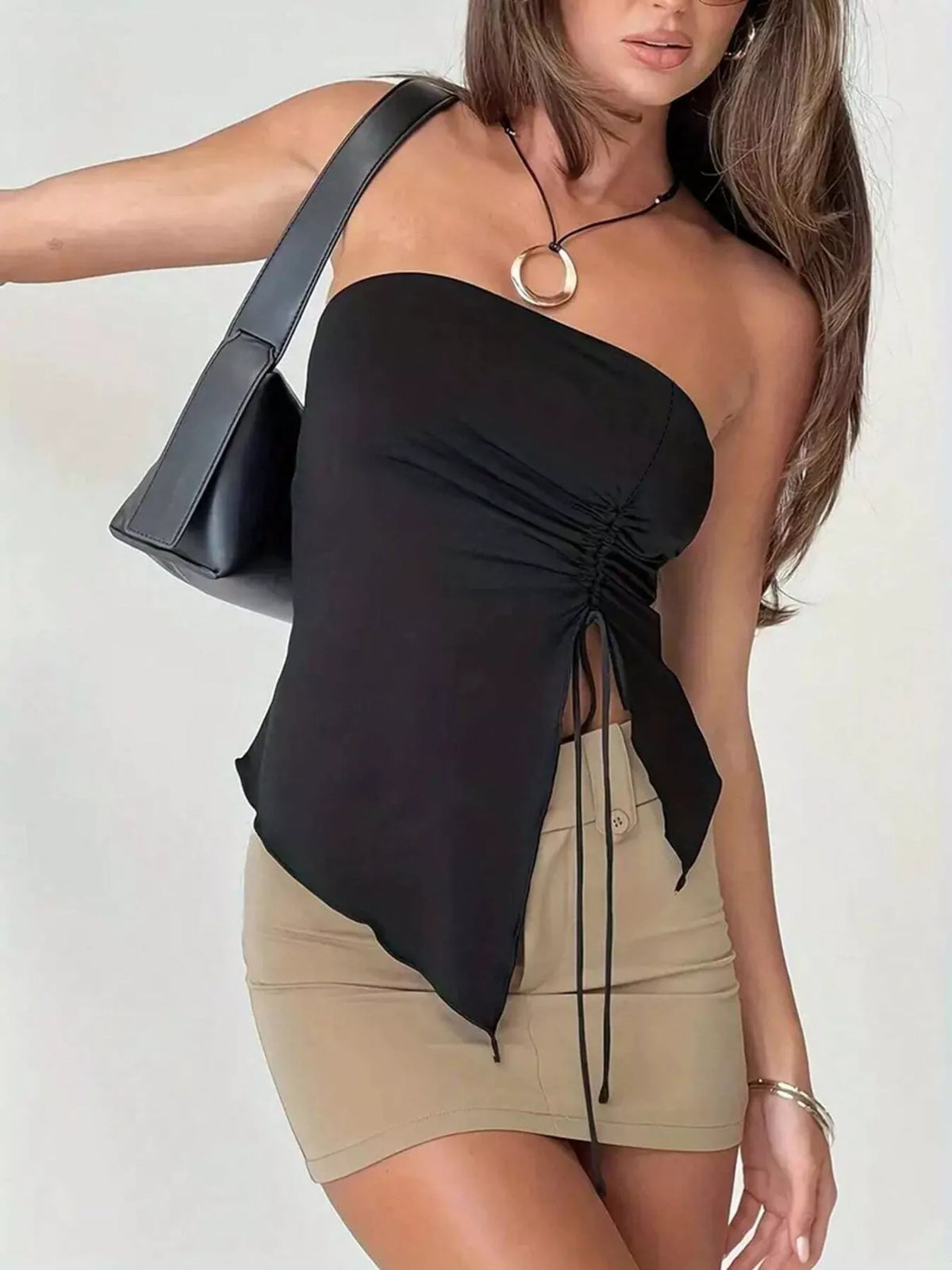 Strapless Ruched Drawstring Cami Top in Black, view 2
