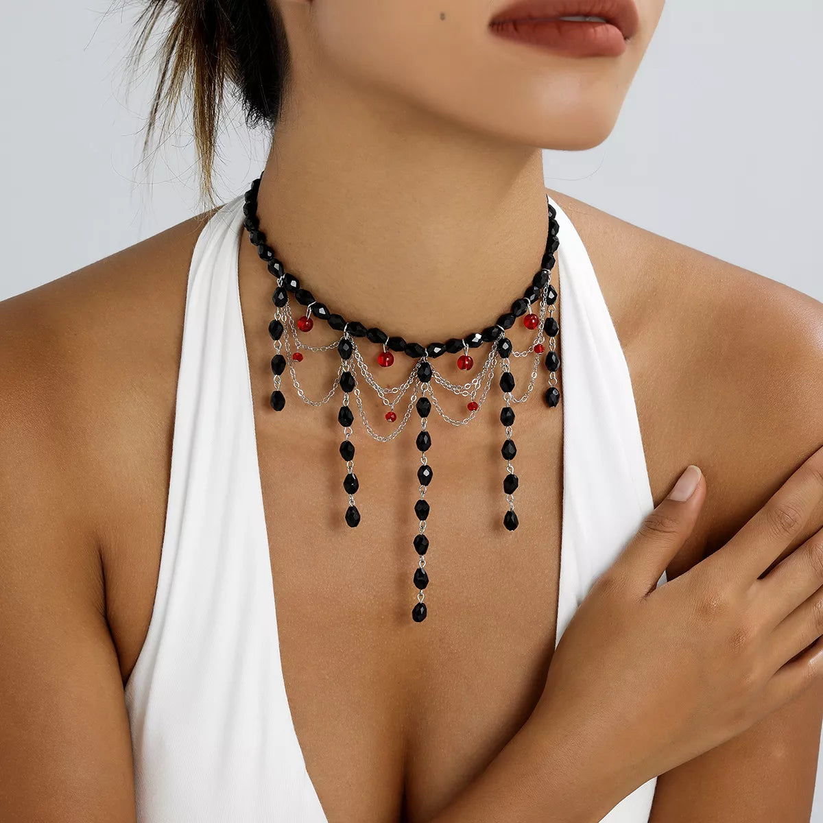 Gothic Beaded Tassel Choker Necklace