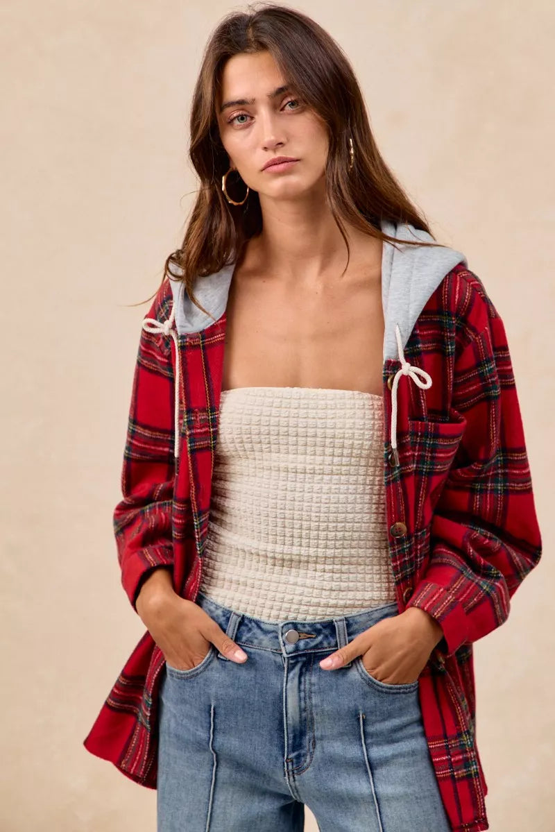 BiBi Brushed Plaid Hooded Jacket in Red Plaid, view 7