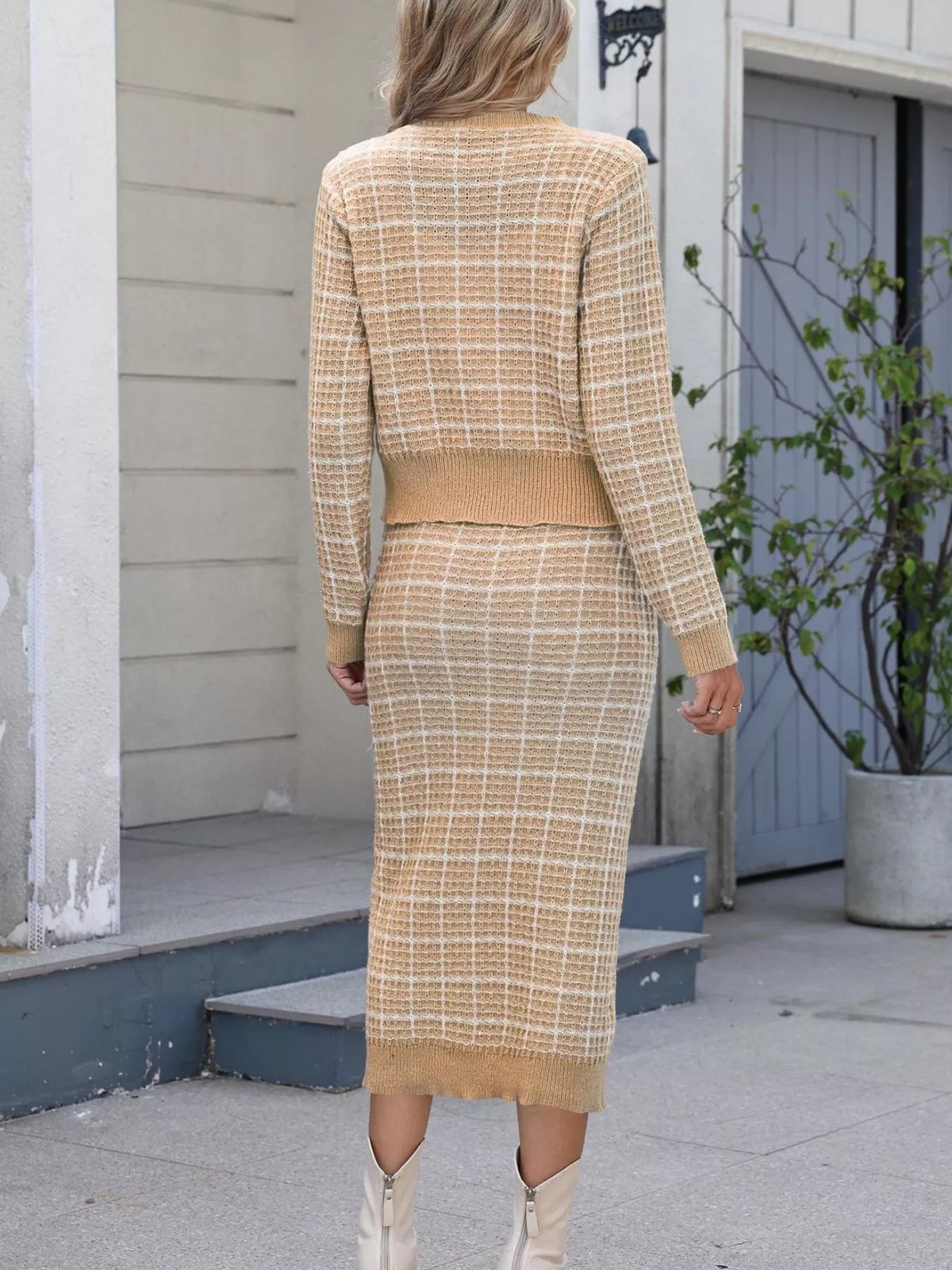 Plaid Knit Cardigan and Midi Skirt Sweater Set