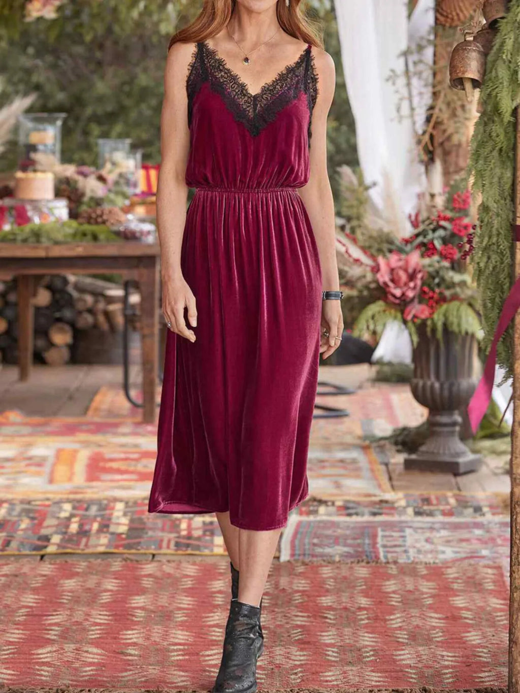 Velvet Cami Lounge Dress with Lace Trim - Lilixa.store