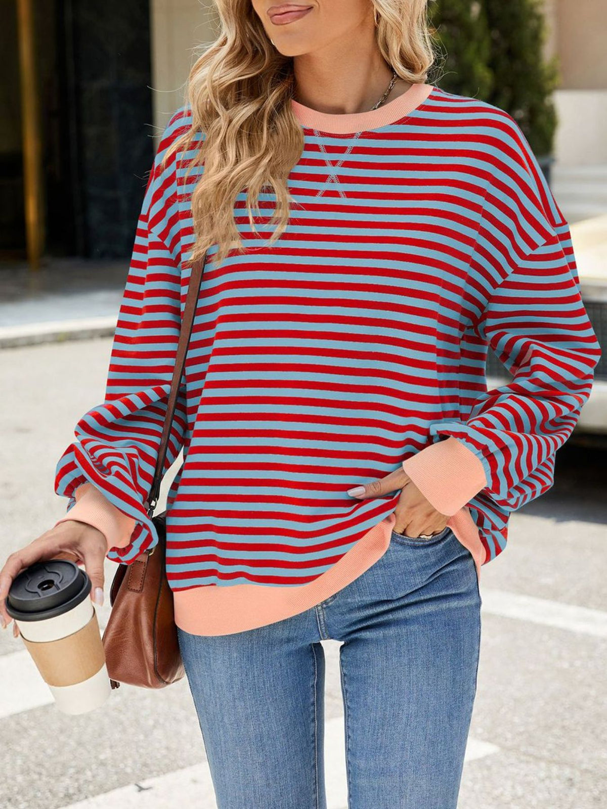 Striped Crew Neck Long Sleeve Sweatshirt - Lilixa.store