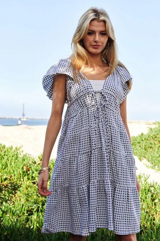 Davi & Dani Jacquard V-Neck Flutter Cap Sleeve Tiered Dress - Lilixa.store