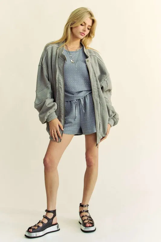 Davi & Dani Exposed Seam Zip Up Dropped Shoulder Jacket in Grey, view 6