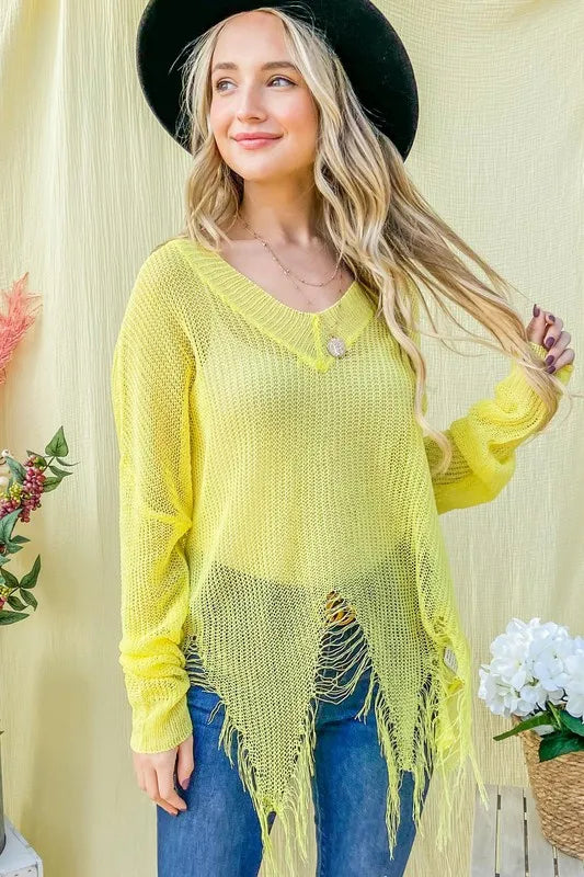 And The Why Distressed Mesh V Neck Spring Sweater Cover Up - Lilixa.store