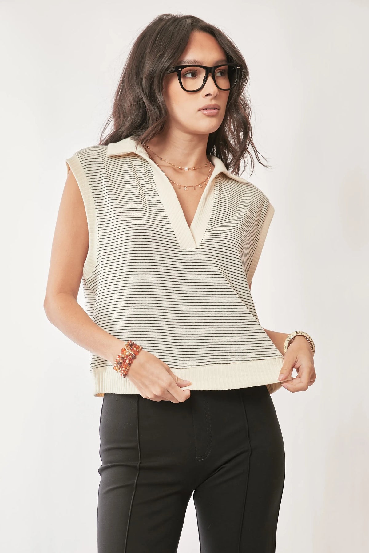 Davi & Dani French Terry Boxy Fit Striped Sweater Vest - Lilixa.store