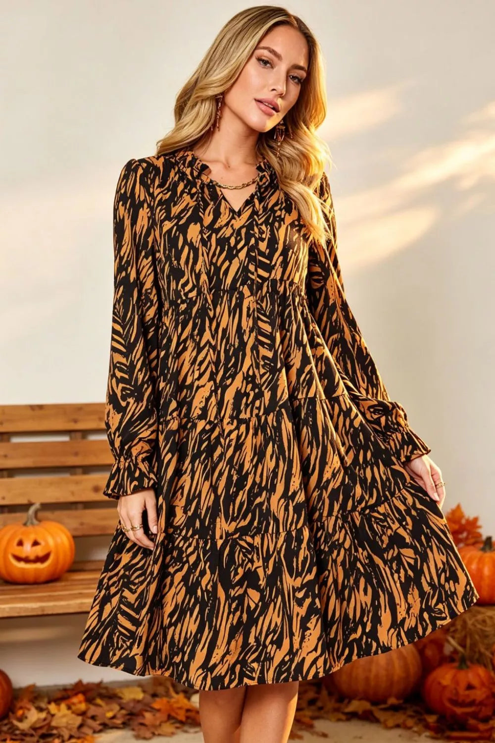 Double Take Full Size Printed Ruffle Hem Long Sleeve Dress Plus Size – image 1 | Lilixa Spooky Season