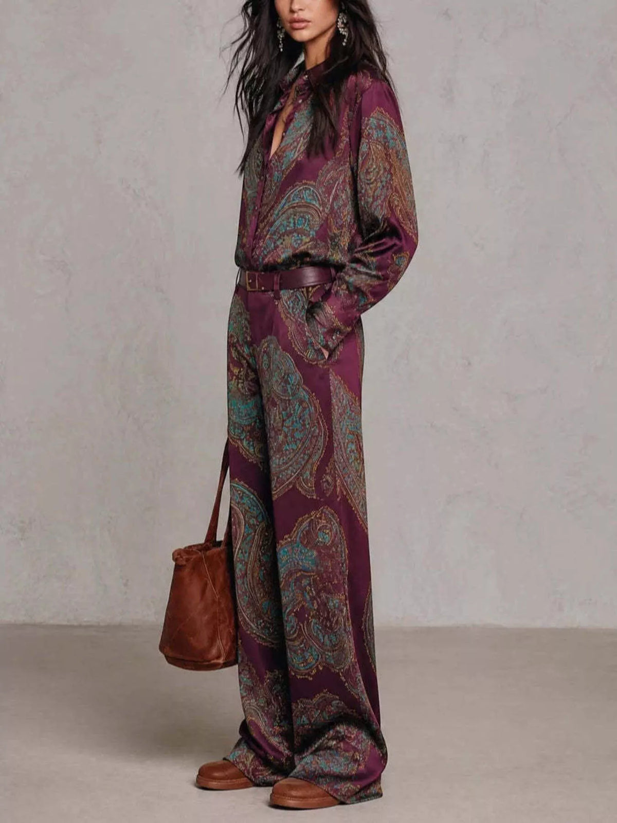 Paisley Print Long Sleeve Shirt and Wide-Leg Pants Set