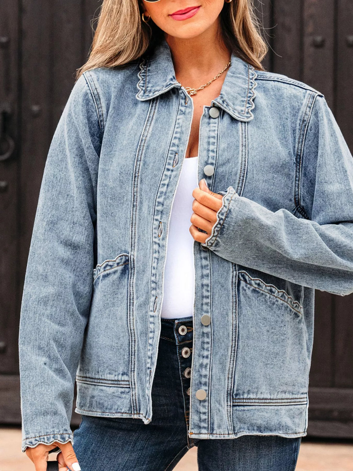 Scallop Trim Collar Patched Pocket Button Up Denim Jacket in Light Blue