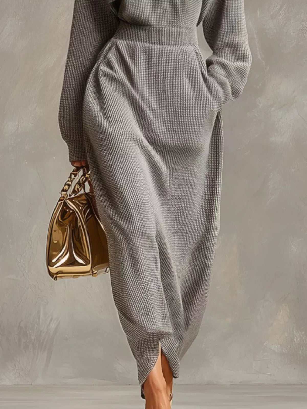 Waffle Knit Quarter-Zip Midi Dress
