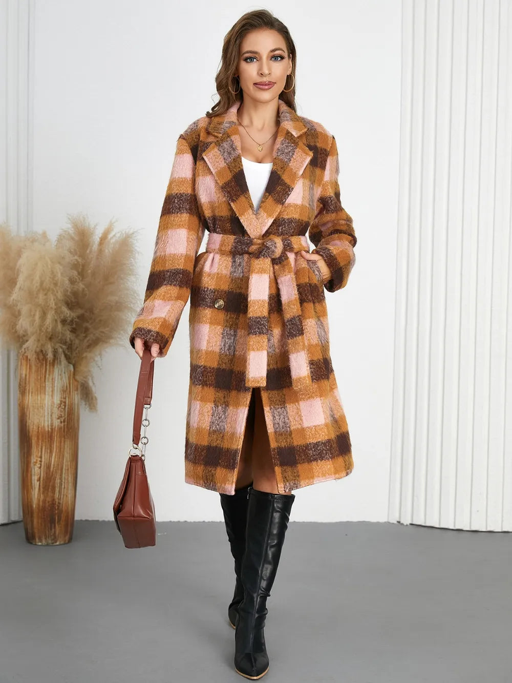 Tied Plaid Collared Neck Coat in Watermelon pink