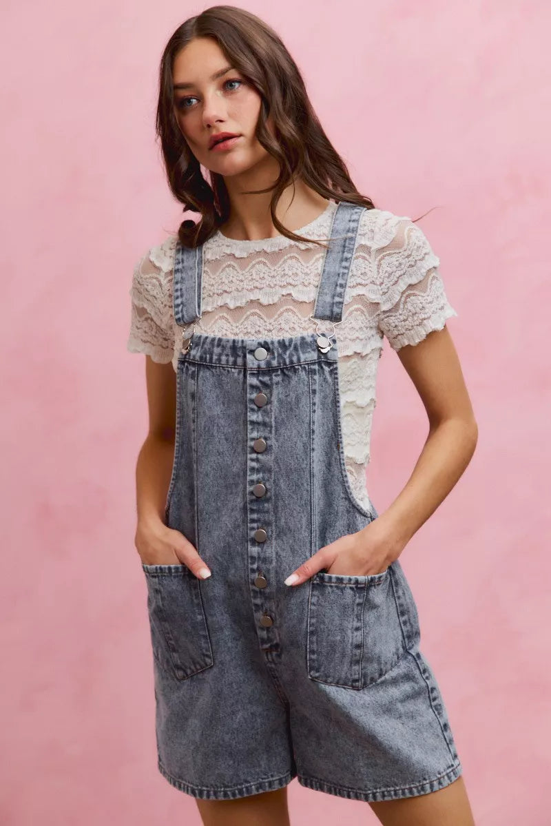 SO ME Denim Washed On Front With Adjustable Strap Romper - Lilixa.store