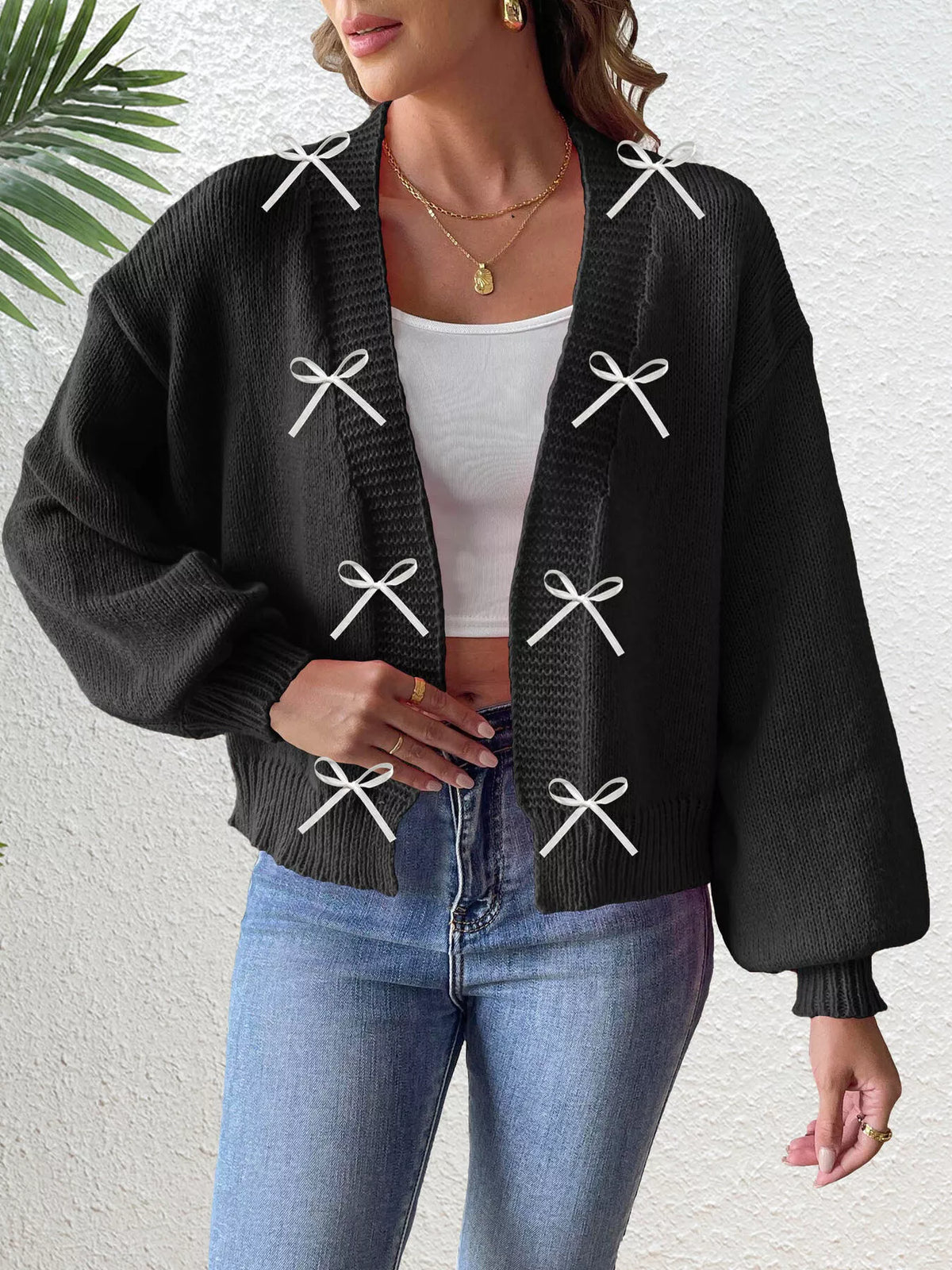 Bow-Tie Open Front Knit Cardigan - Lilixa.store