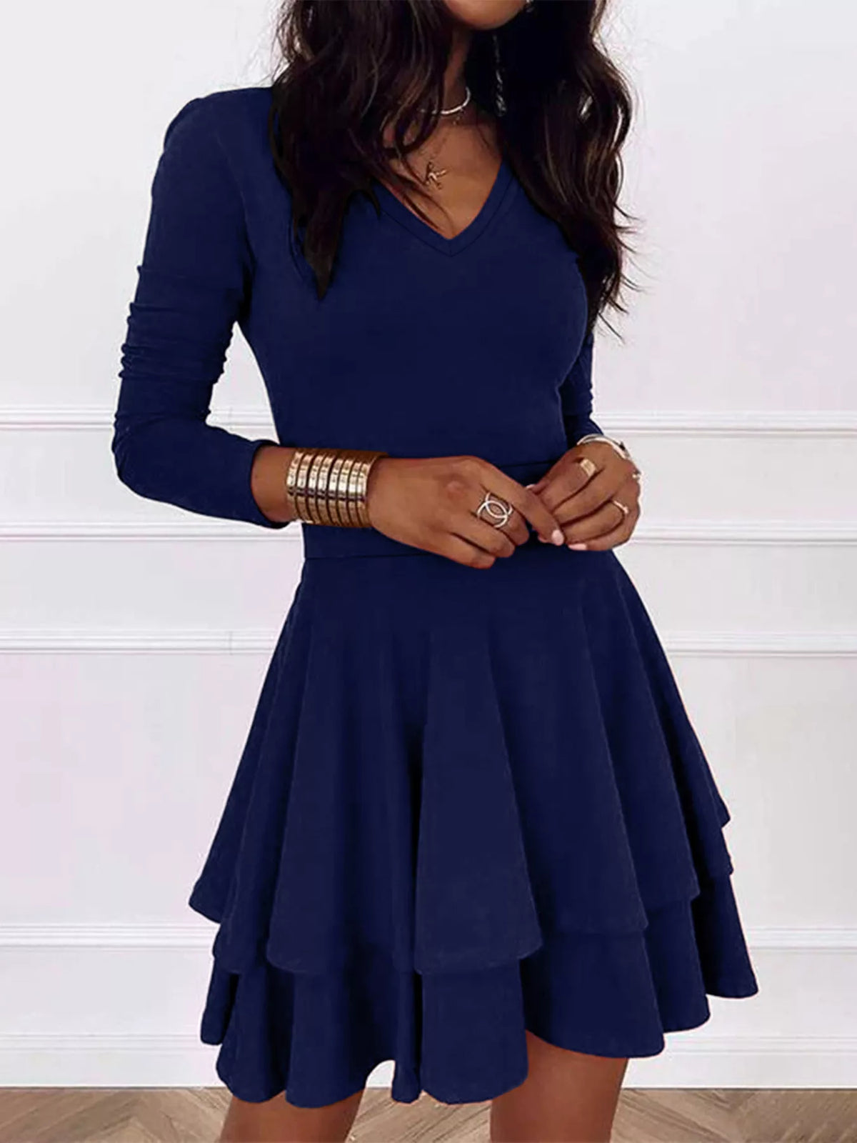 V-Neck Long Sleeve Layered Ruffle Mini Dress - Lilixa.store
