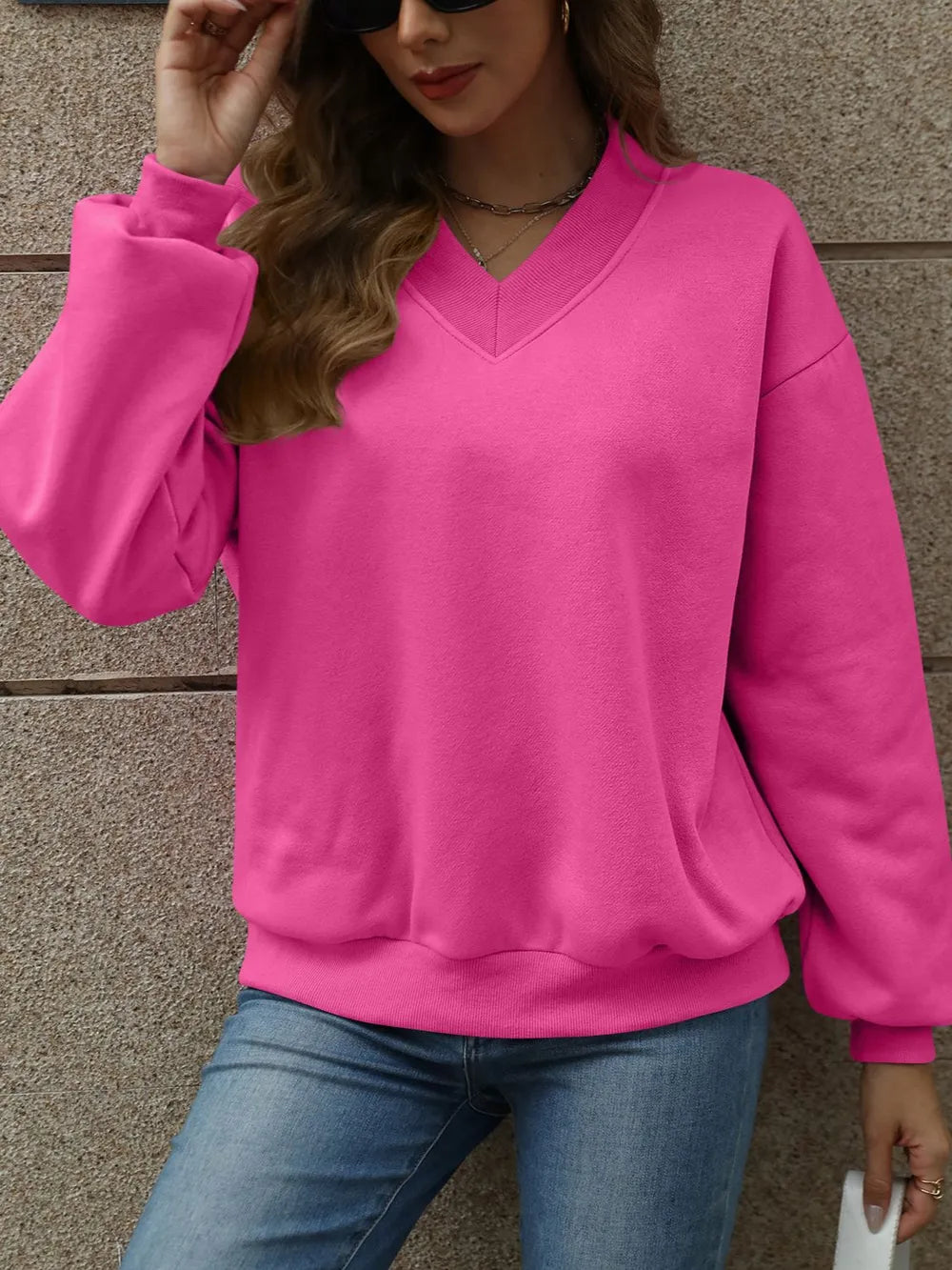 V-Neck Long Sleeve Dropped Shoulder Sweatshirt - Lilixa.store