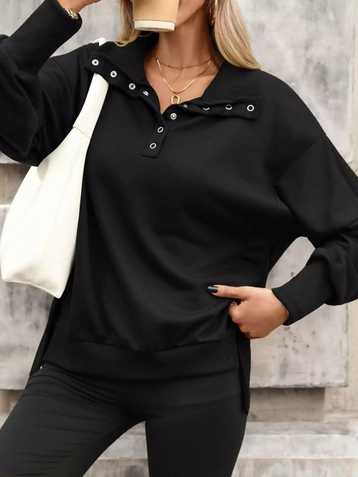 Side Slit Half Snap Sweatshirt - Lilixa.store