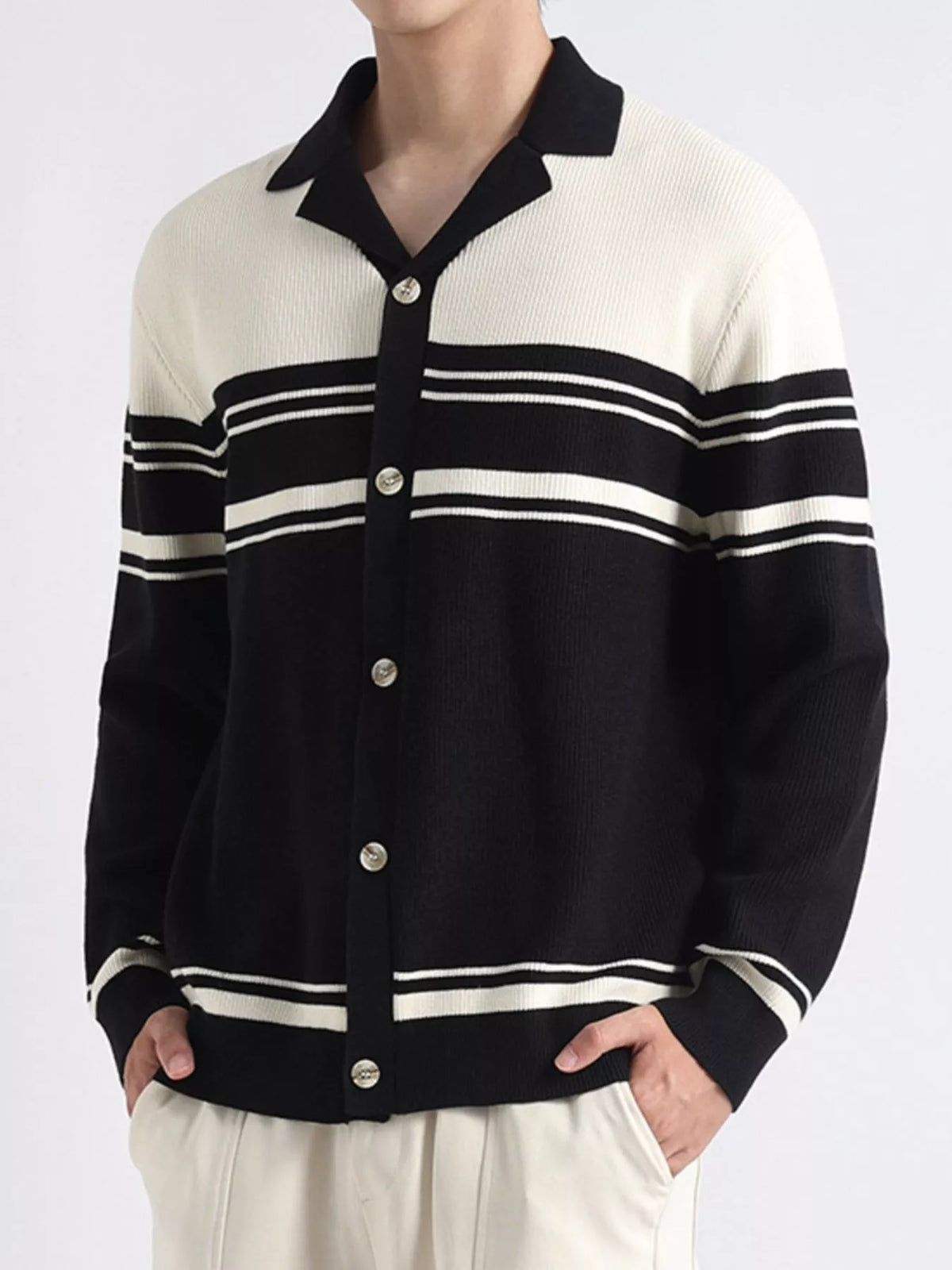 Men's Plus Size Contrast Striped Button-Down Cardigan - Lilixa.store