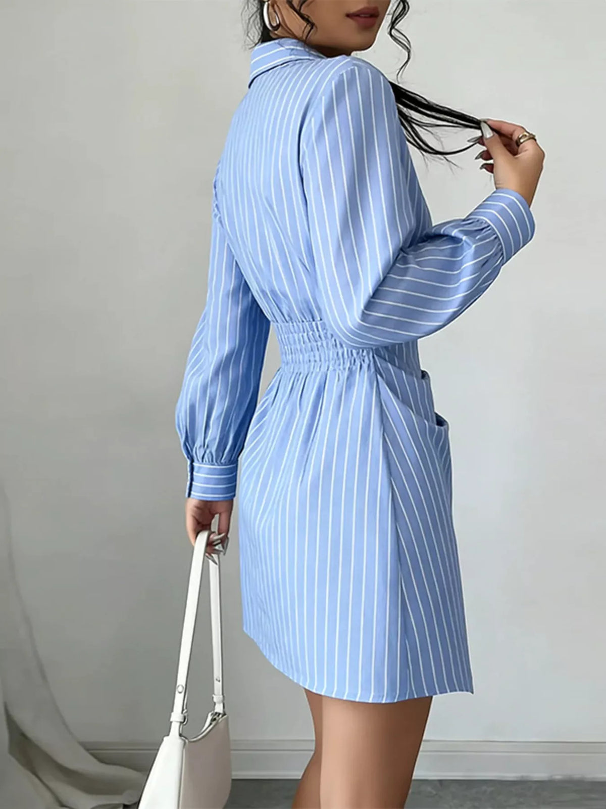Full Size Striped Long Sleeve Shirt Dress Plus Size in Blue, view 4