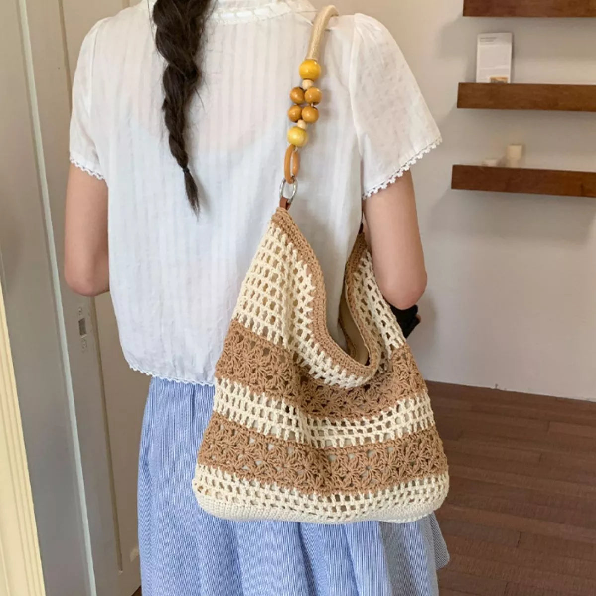 Crochet Knit Shoulder Bag in Caramel, view 9