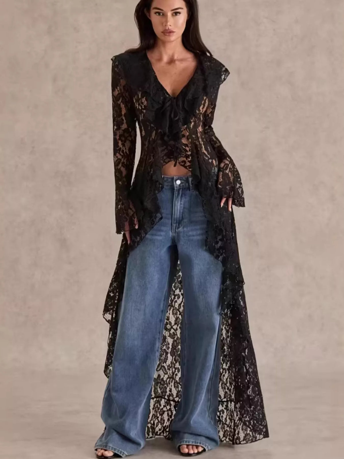 Lace Ruffle Trim High-Low Blouse - Lilixa.store