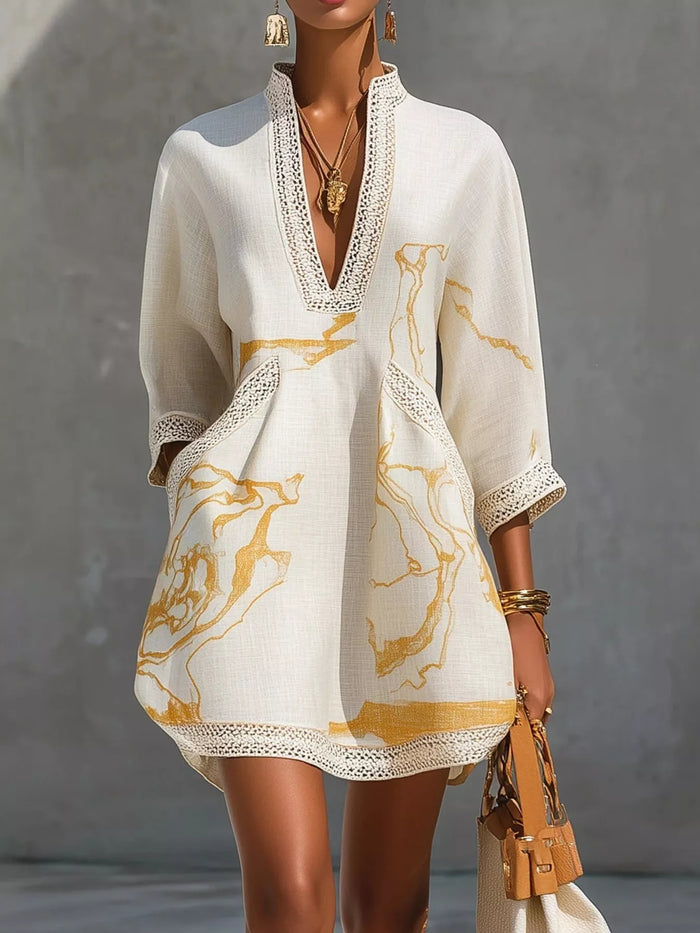 Notched 3/4 Sleeve Mini Dress in White
