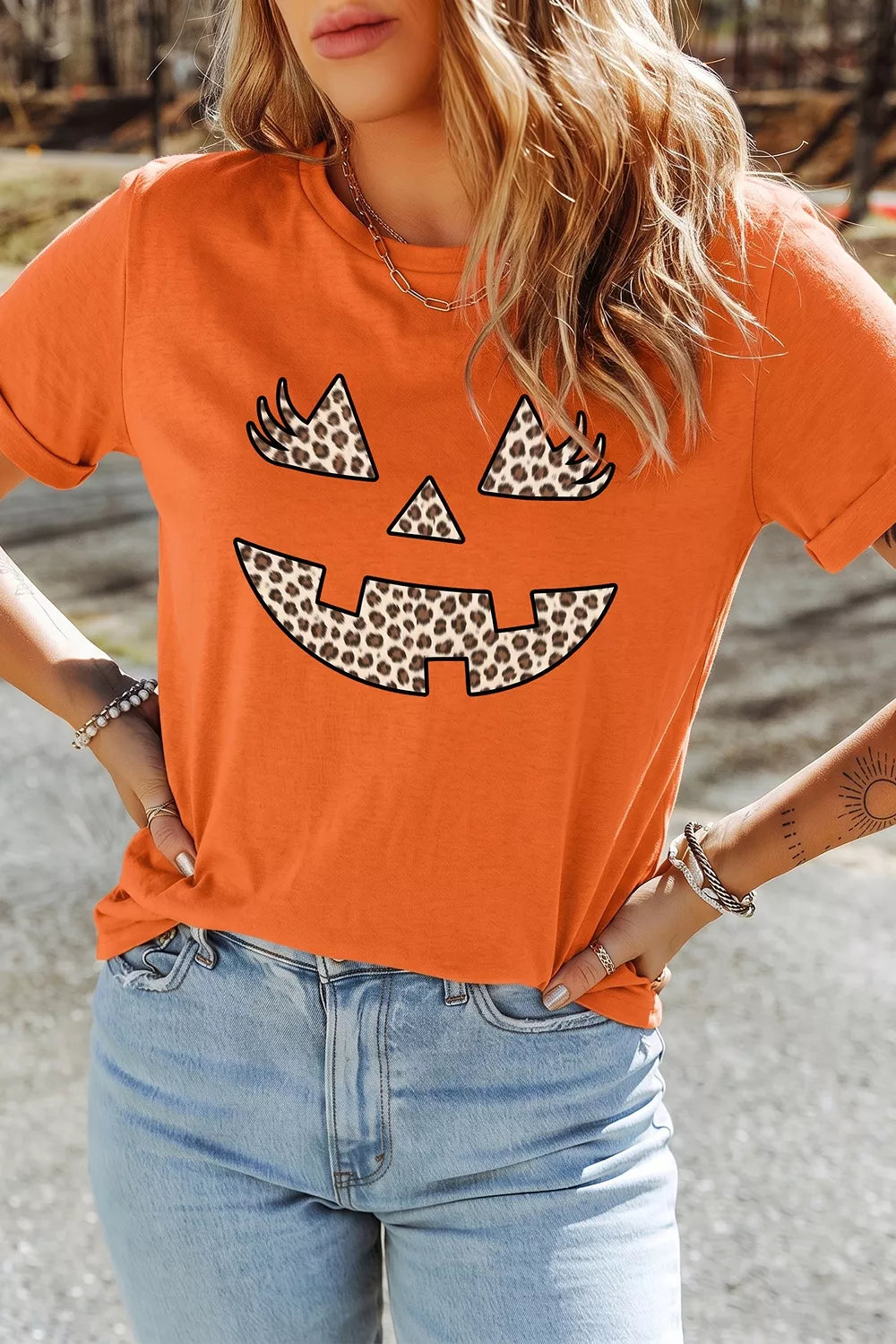 Halloween Pumpkin Face Leopard Graphic T-Shirt