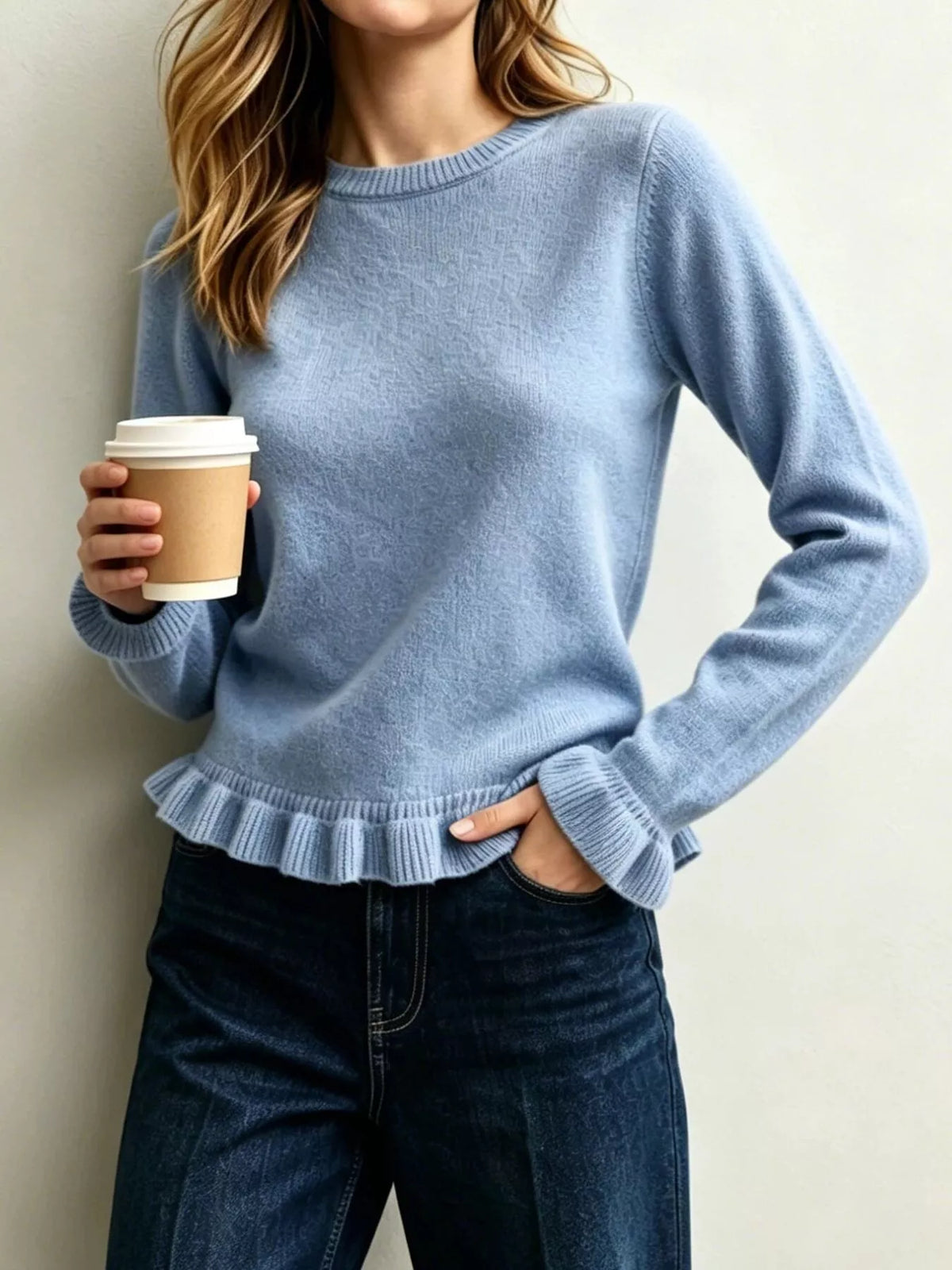 Ruffle-Trimmed Crew Neck Sweater