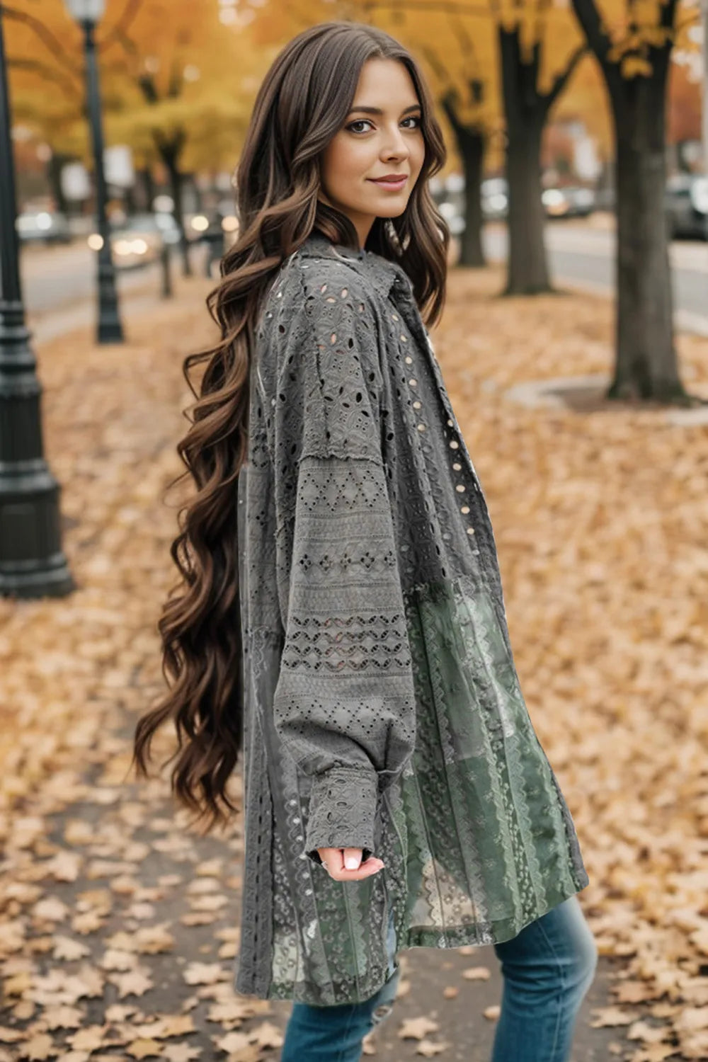 Openwork Button Up Long Sleeve Shacket in Charcoal, view 3
