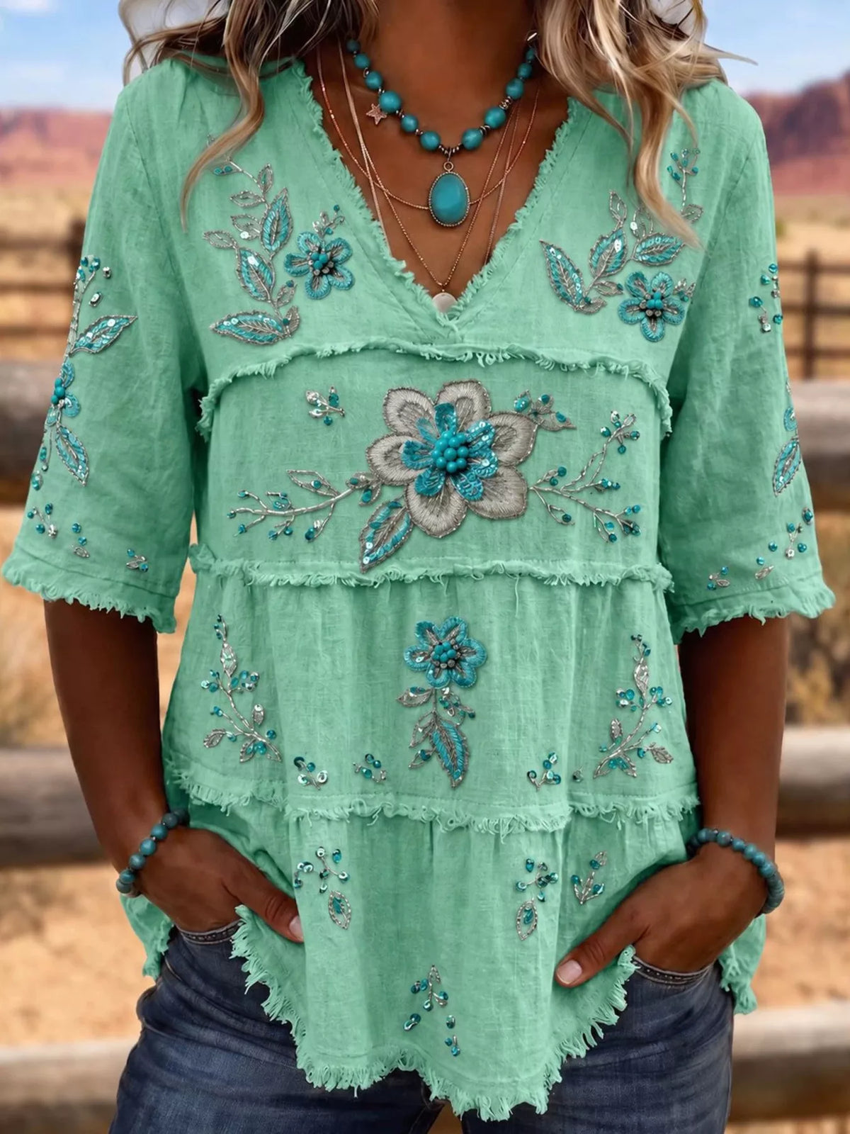 Full Size Floral Raw Hem V-Neck Blouse Plus Size - Lilixa.store